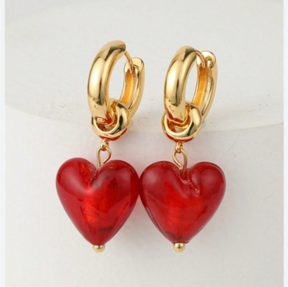 Piper K Jewelry - ❤️🔹️ Piper K 🔹️beautiful  14 K Gold Plated Red Hearts Hoop Glass Earrings